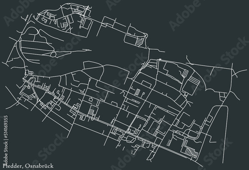 Detailed negative navigation white lines urban street roads map of the FLEDDER DISTRICT of the German regional capital city of Osnabrück, Germany on dark gray background