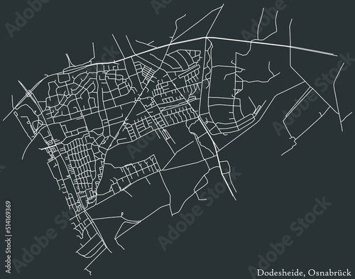 Detailed negative navigation white lines urban street roads map of the DODESHEIDE DISTRICT of the German regional capital city of Osnabrück, Germany on dark gray background