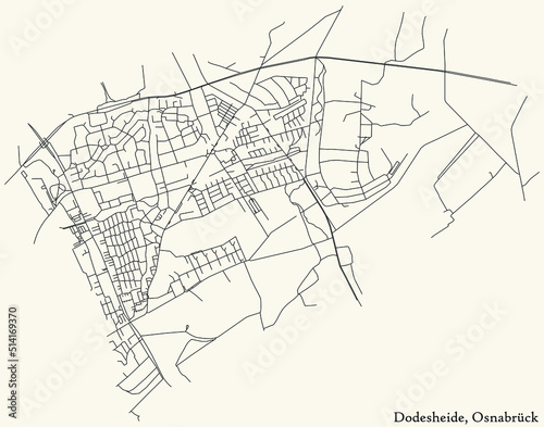 Detailed navigation black lines urban street roads map of the DODESHEIDE DISTRICT of the German regional capital city of Osnabrück, Germany on vintage beige background