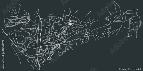 Detailed negative navigation white lines urban street roads map of the HASTE DISTRICT of the German regional capital city of Osnabrück, Germany on dark gray background