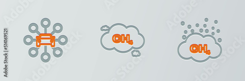 Set line Methane emissions reduction, Car sharing and icon. Vector