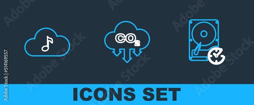 Set line Hard disk drive with clockwise, Music streaming service and CO2 emissions cloud icon. Vector
