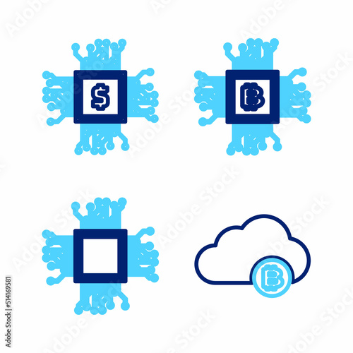 Set line Cryptocurrency cloud mining, Brain as digital circuit board, Processor and CPU farm icon. Vector
