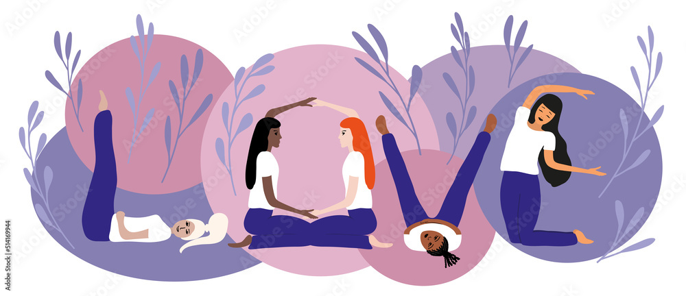 A group of girls with different skin colors in yoga poses. The concept of love, tolerance, health, taking care of your body. Symbol of equality, unity, partnership. The figures depict the word LOVE. A group of girls with different skin colors in yoga poses. The concept of love, tolerance, health, taking care of your body. Symbol of equality, unity, partnership. The figures depict the word LOVE.