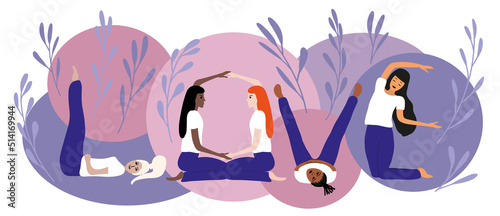 A group of girls with different skin colors in yoga poses. The concept of love, tolerance, health, taking care of your body. Symbol of equality, unity, partnership. The figures depict the word LOVE.