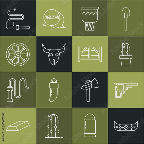 Set line Kayak or canoe and paddle, Revolver gun, Cactus peyote in pot, Drum, Buffalo skull, Old wooden wheel, Smoking pipe and Saloon door icon. Vector