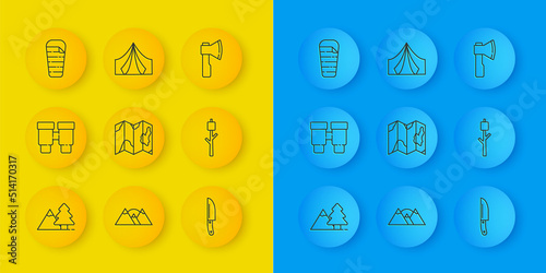 Set line Mountains with tree, Binoculars, Location of the forest on map, Knife, Marshmallow stick, Sleeping bag, Wooden axe and Tourist tent icon. Vector