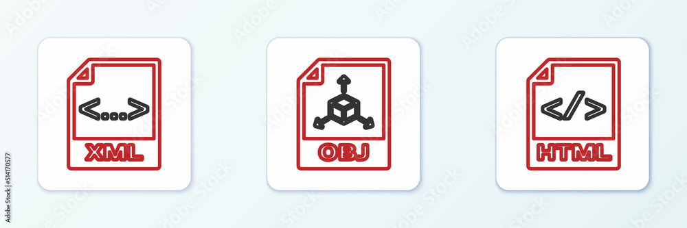 Set line HTML file document, XML and OBJ icon. Vector Set line HTML file document, XML and OBJ icon. Vector