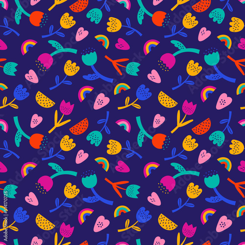 Colorful abstract floral vector seamless pattern. Bright summer flowers, rainbow, heart. Flat cartoon background in scandinavian style, simple random shapes in bright childish colors