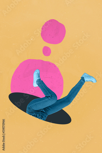 Vertical composite collage illustration of upside down girl legs drawing hole isolated on painted background
