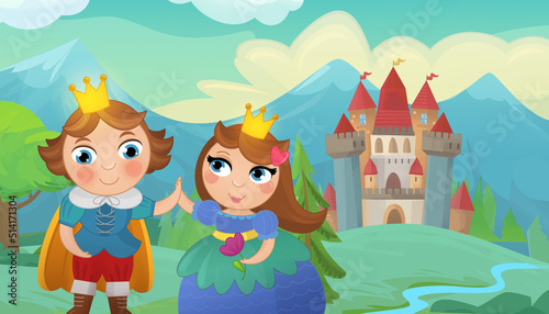 Cartoon castle and prince with princess illustration