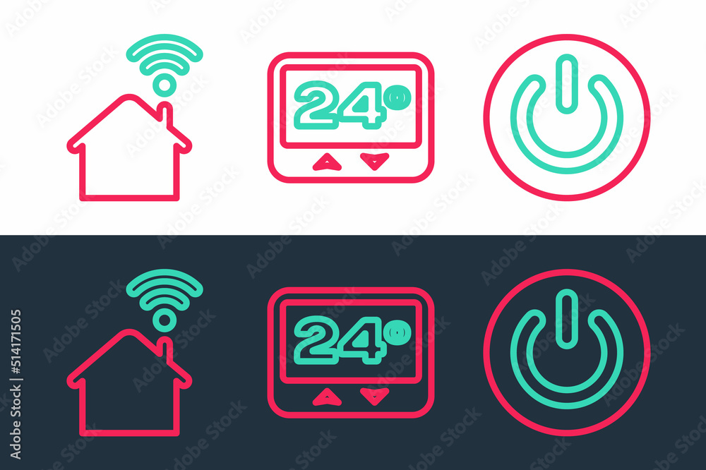 Set line Power button, Smart home with wi-fi and Thermostat icon. Vector Set line Power button, Smart home with wi-fi and Thermostat icon. Vector