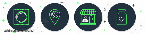 Set line Location with heart, Sex shop building, Condom package and Bottle pills for potency icon. Vector