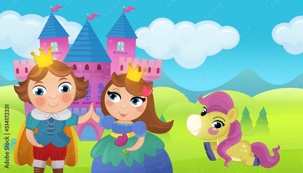 Obraz premium Cartoon castle and prince with princess illustration