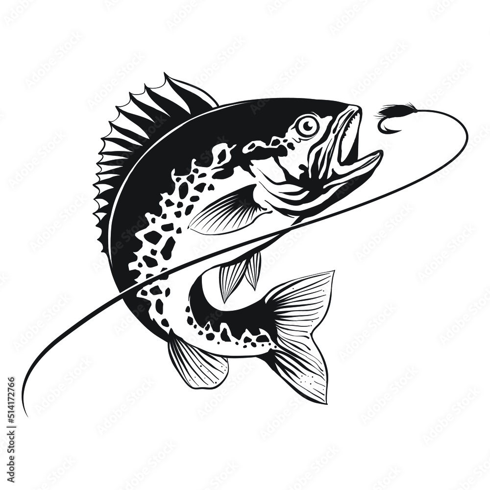 Naklejka premium Bass catch fishing lure line drawing style on white background. Design element for icon logo, label, emblem, sign, and brand mark.Vector illustration.