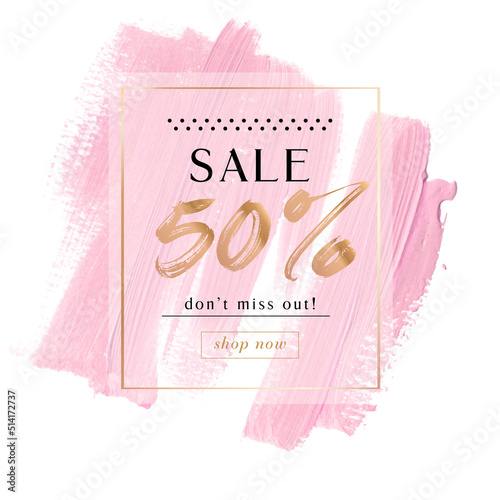 Sale 50% off sign over abstract pink paint texture stroke. Vector. White isolated background.