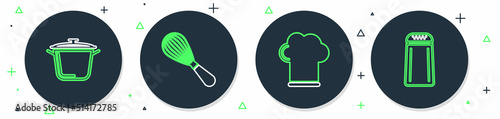 Set line Kitchen whisk, Chef hat, Cooking pot and Salt and pepper icon. Vector