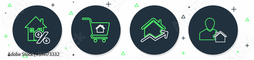 Set line Shopping cart with house, Rising cost of housing, House percant and Realtor icon. Vector