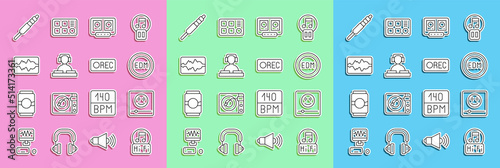 Set line Music note, tone, player, EDM electronic dance music, DJ remote and mixing, playing, wave equalizer, Audio jack and Record button icon. Vector
