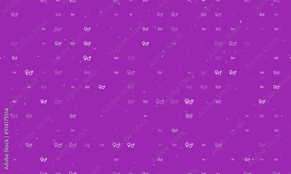 Seamless background pattern of evenly spaced white gender symbols of different sizes and opacity. Vector illustration on purple background with stars