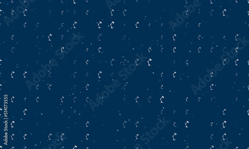 Seamless background pattern of evenly spaced white table lamp symbols of different sizes and opacity. Vector illustration on dark blue background with stars