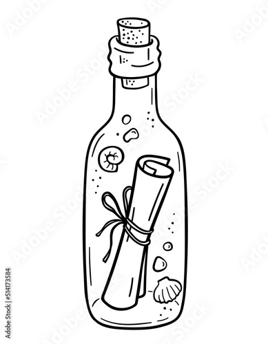 Message in a bottle. Vector illustration. A rolled-up letter, shells and pebbles in a glass bottle. Hand drawn design in cartoon doodle style. Black outlines isolated on a white background.