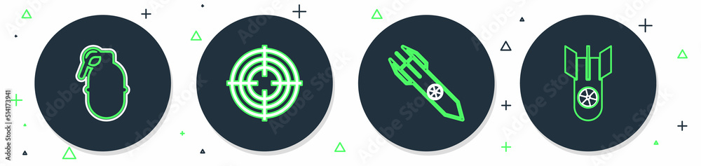 Set line Target sport, Nuclear rocket, Hand grenade and bomb icon. Vector Set line Target sport, Nuclear rocket, Hand grenade and bomb icon. Vector