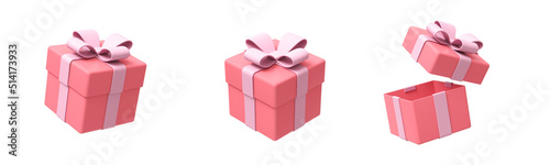 Gift pink icons set isolated on white background. 3D rendering.