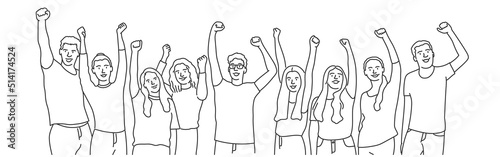 Crowd of happy diverse multiethnic celebrating people waving hands