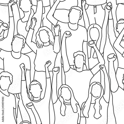 Group of active people with raised hands isolated on white.