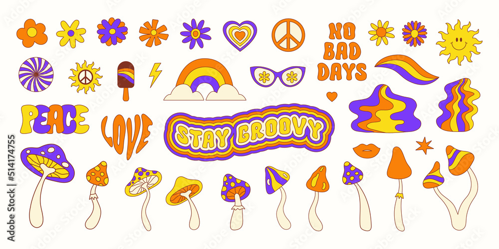 Retro set of groovy hippie elements in style 70s, 80s. Colorful icons mushrooms, daisy flowers, peace symbol, rainbow, waves and text isolated on a white background. Vector illustration