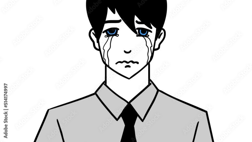 The young man is crying. Anime style. Portrait of a man. Broken look. Sad feelings. No love. Gray clothes. White background. Japanese style. Asia. Eastern culture. Hand-drawn animation. The young man is crying. Anime style. Portrait of a man. Broken look. Sad feelings. No love. Gray clothes. White background. Japanese style. Asia. Eastern culture. Hand-drawn animation.