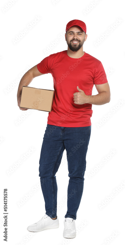 Happy young courier with cardboard box on white background Happy young courier with cardboard box on white background
