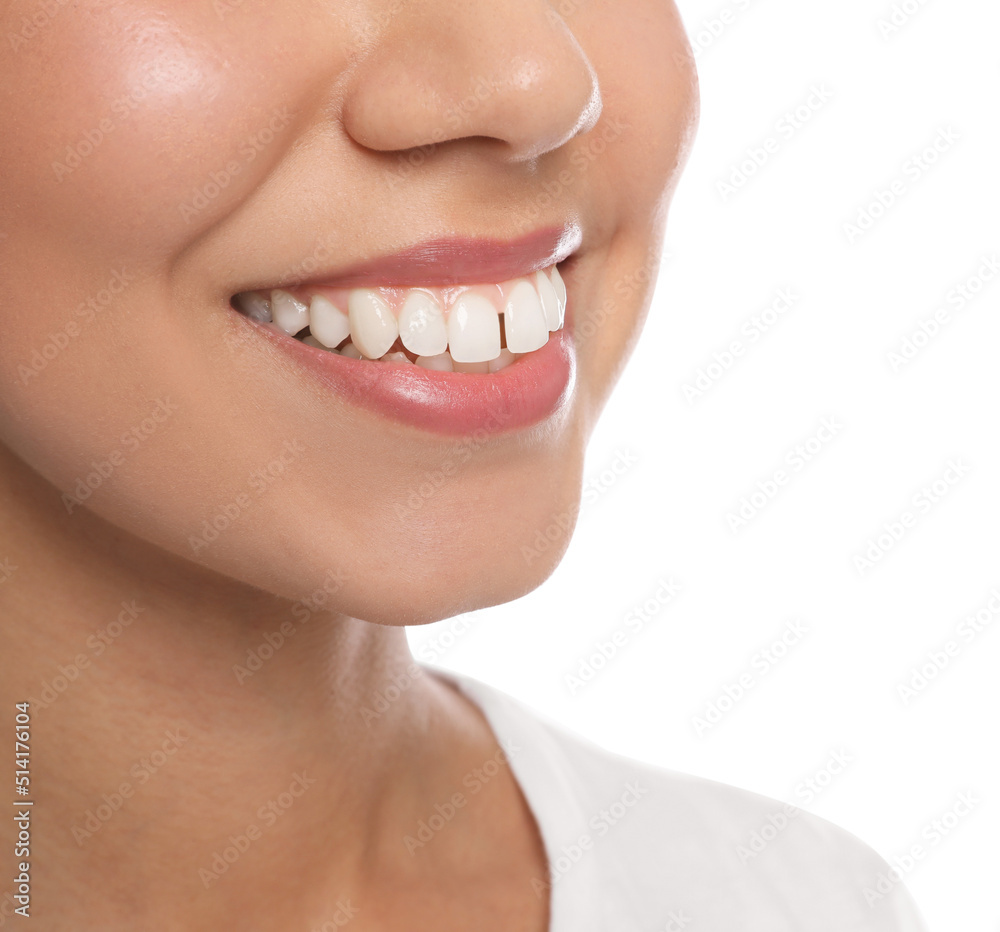 Obraz premium Woman with diastema between upper front teeth on white background, closeup
