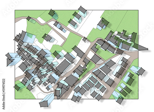 Imaginary cadastral map of territory with 3D buildings, fields, roads and land parcel of a residential district photo