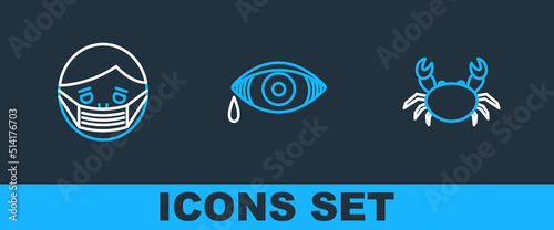 Set line Crab, Face in protective mask and Reddish eye allergic conjunctivitis icon. Vector