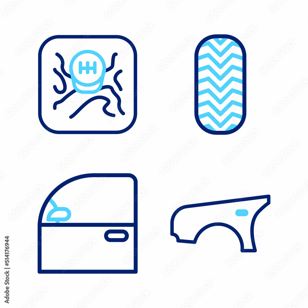 Set line Car fender, door, tire and Gear shifter icon. Vector Set line Car fender, door, tire and Gear shifter icon. Vector