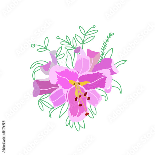Minimalist vector illustration of pink flower. Depiction of lily with leaves. Floral, botanical. Line drawing. Decorative element for cards, posters, stationery, invitations.