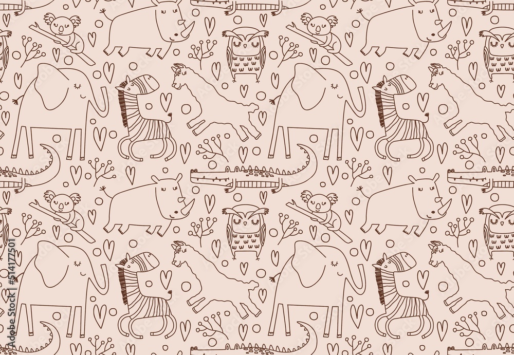 Cute seamless pattern with wild animals line art.