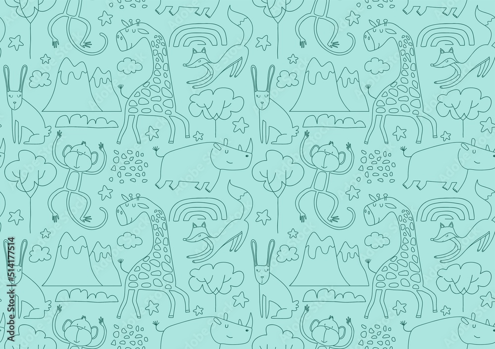 Cute seamless pattern with wild animals line art. Cute seamless pattern with wild animals line art.