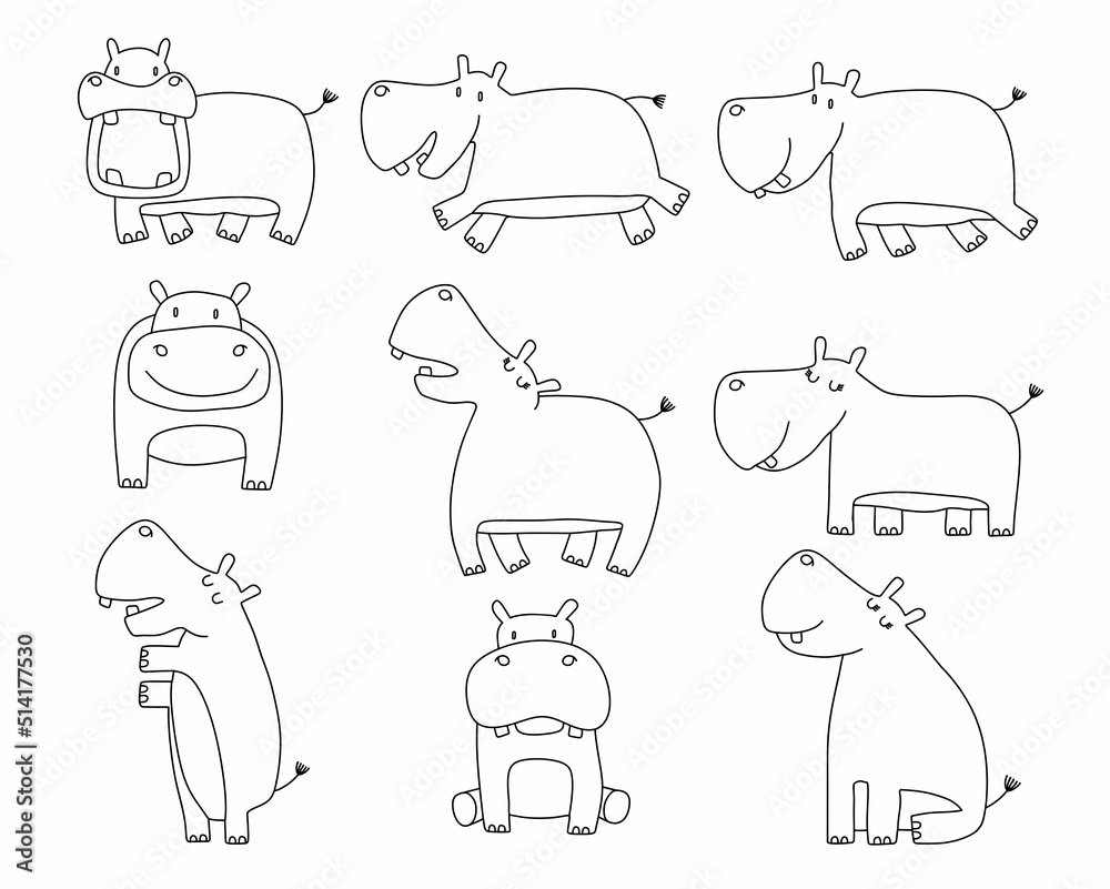 cartoon big set of cute doodle hippopotamus. cartoon big set of cute doodle hippopotamus.