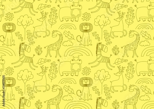 Cute seamless pattern with wild animals line art.