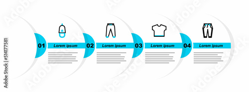 Set line Pants, T-shirt, Sport pants and Police cap with cockade icon. Vector