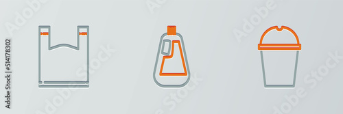 Set line Paper glass water, Plastic bag and Bottle for dishwashing liquid icon. Vector