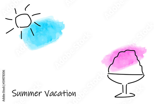 手描きのかき氷と太陽のシンプル線画イラストフレーム