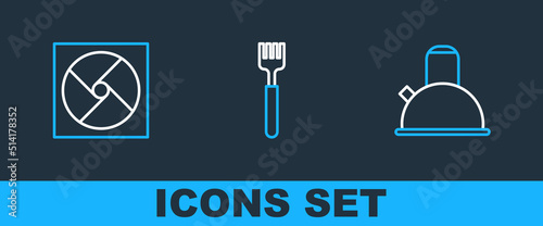Set line Kettle with handle, Ventilation and Fork icon. Vector