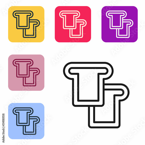 Black line Bread toast for sandwich piece of roasted crouton icon isolated on white background. Lunch, dinner, breakfast snack. Set icons in color square buttons. Vector