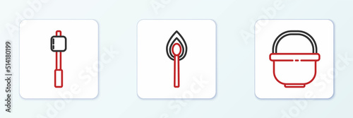 Set line Camping pot, Marshmallow on stick and Burning match with fire icon. Vector
