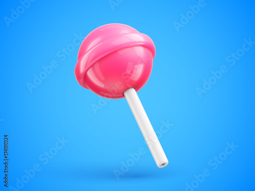 Sweet cute pink lollipop on stick in cartoon style. Single glossy pink round candy on blue background. 3d vector illustration