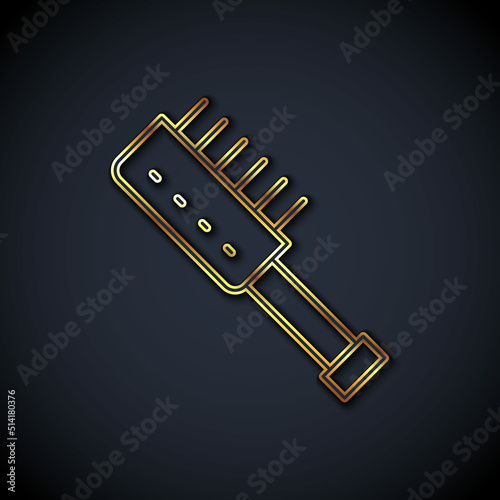Gold line Sauna brush icon isolated on black background. Wooden brush with coarse bristles for washing in the bath. Anti cellulite massage. Vector